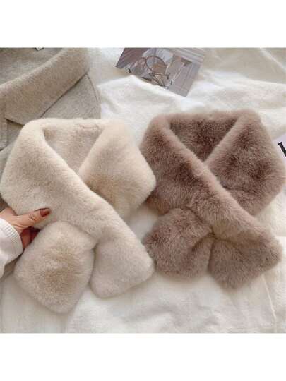 1 Piece Scarf For Women's Winter Versatile Plush Thick Scarf For Warmth, Solid Color Plush Neck Cover, Cute Plush Scarf For Girls, Student Adults Can Wear Hairless, Cross Warm Scarves, Neck And Collar Warm Scarves