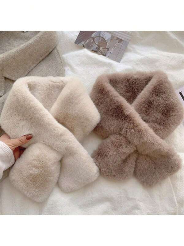 1 Piece Scarf For Women's Winter Versatile Plush Thick Scarf For Warmth, Solid Color Plush Neck Cover, Cute Plush Scarf For Girls, Student Adults Can Wear Hairless, Cross Warm Scarves, Neck And Collar Warm Scarves