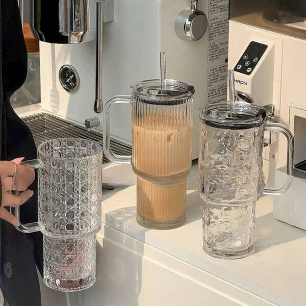 1 PIEZA Vaso de agua de vidrio de gran capacidad de 700ml, vaso a rayas con pajita y tapa. Vasos para bebidas frías, vasos para leche y vasos para café en varios estilos como rayas, patrones de glaciar y patrones de gemas. Esencial para el verano, imprescindible para la temporada de vuelta al colegio, adecuado para usar en casa, en la oficina y en el campus. Regalo de cumpleaños y festivales