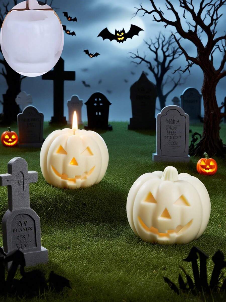 Halloween Pumpkin Silicone Mold Theme - Unique Eye, Nose, And Mouth Relief Design, DIY Handmade Candle Making, Indoor Ornament Making, Gypsum Craft Making, Suitable For Handicraft Art Enthusiasts, Halloween Festival Decorations, Creating A Festive Atmosphere Home Decor Halloween Decor Room Decor - White - View 1