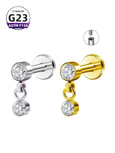 1 Peça Brincos Pingente de Titânio F136 Incrustado com Zircônia 5a Brincos de Piercing de Lábio Simples, Joia de Piercing de Orelha de Liga de Titânio G23