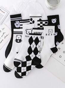 10 双黑白熊条纹袜子，棋盘格和钻石图案袜子，青少年运动中筒袜，适合女孩、男孩、妈妈、爸爸、女孩冬装、男孩冬装、节日礼物 - 彩色 - 查看 1
