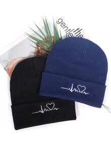 2pcs ECG Embroidered Knit Beanies, Suitable For Everyday Wear - Pink Black - View 5