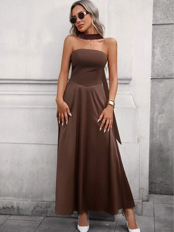 1pc Women's Plain A-Line Wedding Party Draped Sexy Elegant Holiday Dress