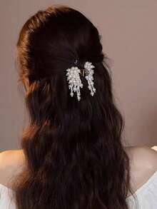 1 件时尚仿珍珠发爪夹，优雅仿珍珠流苏发饰发饰蝴蝶结发夹秋季配饰 - 彩色 - 查看 1