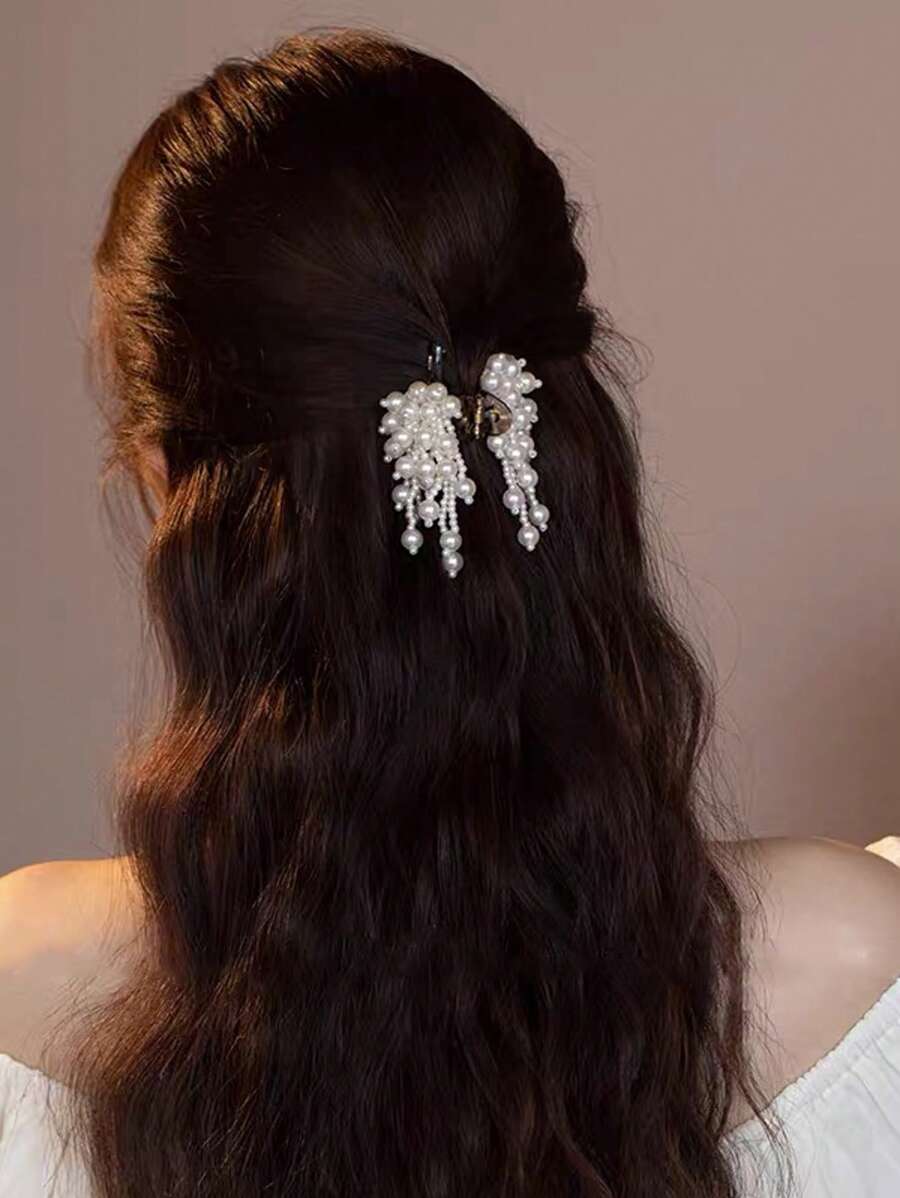 1 件时尚仿珍珠发爪夹，优雅仿珍珠流苏发饰发饰蝴蝶结发夹秋季配饰 - 彩色 - 查看 1