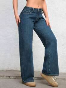 Calça jeans feminina reta, larga, solta e confortável, cor sólida - Azul - Ver 4