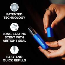 Atomizador de perfume HD clásico Travalo a prueba de fugas y aprobado por TSA para viajes aéreos, rociador de bomba de aire fácil de llenar, diseño ligero y elegante con volumen en ventana azul de 0.17oz