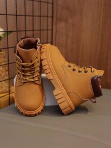 1 Pair Yellow Toddler/Kids' Soft Matte Military Boots, Round Toe, Warm Thick Sole, Durable, Lace-Up & Zipper Design, Classic Short Boots, Suitable For Boys/Girls, Casual, School, Vacation, Autumn/Winter