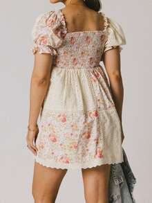 Women's Summer Dress Puff Sleeves Contrast Lace Up Lettuce Trim Shirred A-Line Mini Dress Elegant Dress Tea Party Dress Vacation Dress - 黃色 - 查看 2