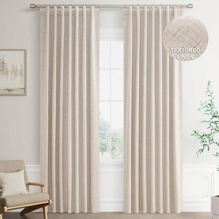 Beige Linen% Blackout Curtains 84 Inch Long, Rod Pocket/Back Tab/Hook Belt/Clip Rings, Thermal Insulated Drapes Bedroom Living Room With Hooks (1 Panel, 60 X 84), Stylish Window Treatments - 麥片 - 查看 1