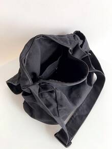 复古极简百搭翻盖单肩包，加厚水洗帆布包，休闲百搭大容量美式斜挎包，学院风日系大学生书包，短途旅行包，简约街头布包，黑色斜挎包 - 黑色 - 查看 10