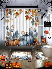 [Popular][Open JIT] 1/4 Pcs Autumn Thanksgiving Shower Curtain Set, Pumpkin Maple Leaf Farmhouse Burnt Orange Blue Waterproof Polyester Washable Autumn Bathroom Shower Home Decor Gift With 12pcs Hooks Non-Slip Bath Mat U-Shape Toilet CoverHalloween Room Decor