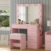 FUSOU Makeup Vanity Desk With Power Outlet, 37'' W Vanity With Mirror And 11 LED Lights, 3 Adjustable Lighting Modes, 5-Drawer Dressing Table For Bedroom Or Dressing Room - Pink - View 2