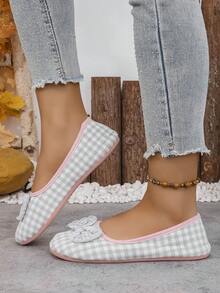 Cartoon Plaid Bow Decor Slippers, Lightweight Flat Indoor Shoes, Soft Non-Slip Bedroom Slippers - Grey - View 4