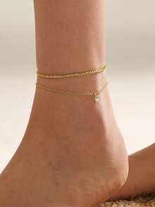 Nooxian 2 件套闪亮、飘逸的白色心形锆石和链条脚链套装，适合女士 - 金黃色 - 查看 4