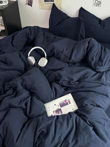 3 件套海军蓝柔软亲肤羽绒被套（1 个羽绒被套 + 2 个枕套），适用于卧室和客房，四季皆宜，可机洗 - 藏蓝色 - 查看 6