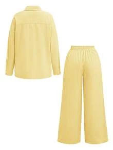 Look Polly 女式春夏休闲街头风格条纹撞色上衣、衬衫、长裤两件套纽扣衬衫女式条纹休闲、女士休闲套装返校服万圣节奶油黄衣服女式圣诞节 - 黃色 - 查看 2