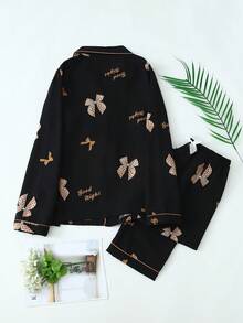 Conjunto de pijama de satén con estampado de lazo, blusa de manga larga y pantalón largo para mujer, ropa de otoño e invierno