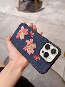 1pc Creative Minimalist Lily Flower & Butterfly Denim Anti-Drop Embroidered Phone Case Compatible With Apple Xs/Xsmax/Xr/11/12/13/14/14plus/15/15plus/16Pro/16Promax, S25Ultra, Compatible With OPPO, Compatible With Redmi Note14 Waterproof Shockproof Scratch Resistant,International Version, Not The Domestic Version - Multicolor - View 3