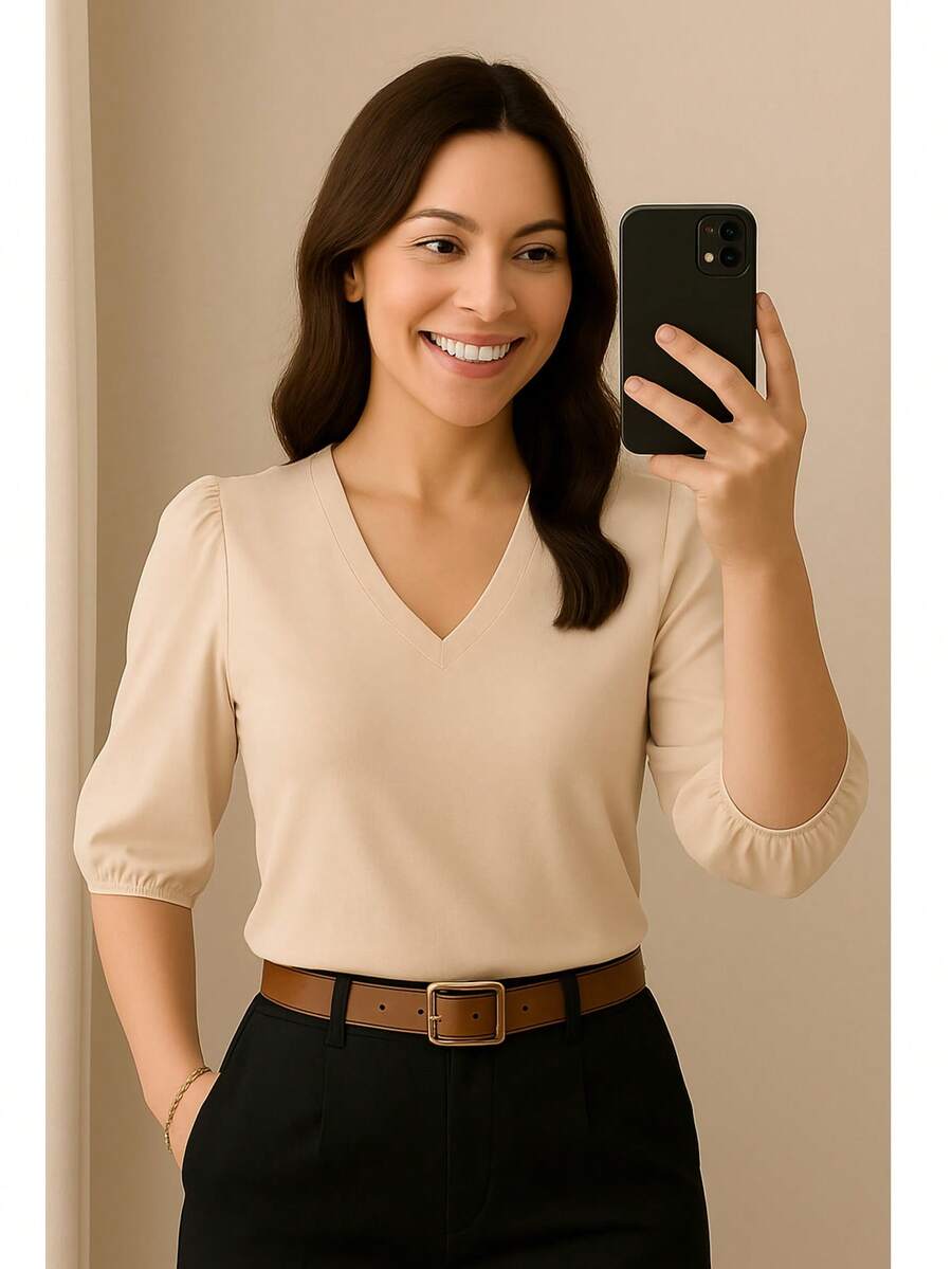 Women's Crepe Duna Blouse With 3/4 Puff Sleeve Plus Size And Slim - 米色 - 查看 1