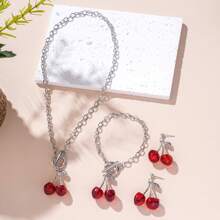 4pcs Vintage Acrylic Black & Red Cherry Pendant Jewelry Set, Including Necklace, Earrings, Suitable For Daily Wear, Holidays, Gifts - Unisex Minimalist Jewelry