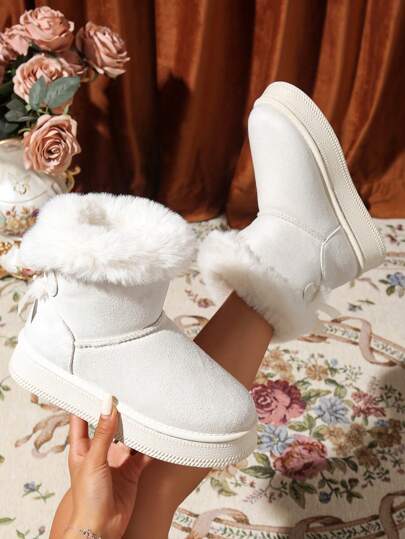 2025 Popular Solid Color Bow Plush Thick Sole Snow Boots, Women's Winter Thickened Warm Holiday Party/Casual Short Boots, Daily Commute/Outdoor Skiing Non-Slip Fleece Cotton Boots