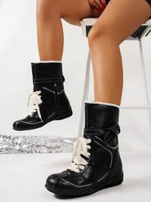 时尚复古风格舒适修身防滑圆头皮革系带运动踝靴，百搭休闲平底中筒鞋，适合女士