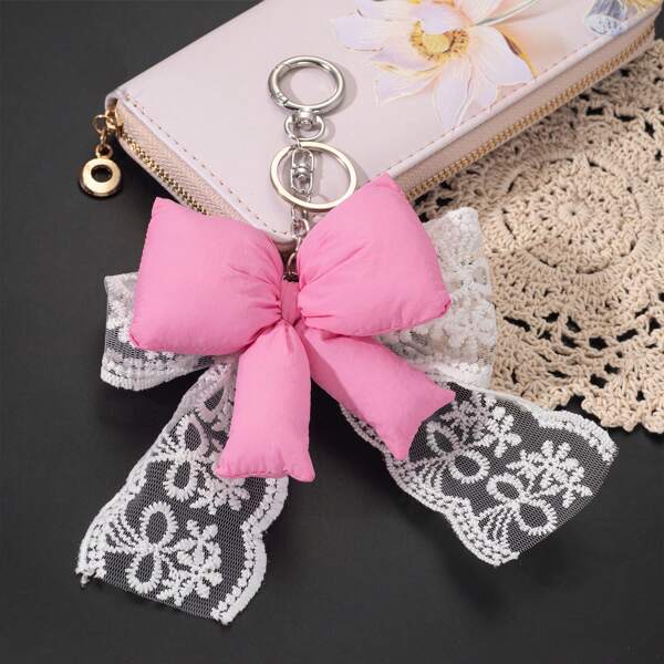 1pc Pink Bow Lace Keychain Pendant, Bag Accessory, Cute Zinc Alloy Minimalist Butterfly Design