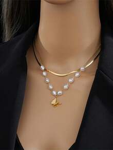 1pc Stainless Steel Luxury Double Layer Faux Pearl 3D Butterfly Pendant Necklace, Fashionable & Elegant For Women, Suitable For Daily Wear, Gatherings, Festivals And Parties