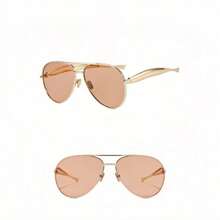 〖Summer Turn Up〗1 PCS Large Frame Double Beam Metal Fashion Glasses Toad Glasses Advanced Retro Personality Versatile Daily Wear Street Photography Vacation Travel Beach Accessories Gold Color