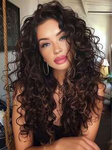Long Brown Curly Wigs With Bangs Synthetic Wigs For Women, 24inch Chocolate Brown Curly Wavy Wig With Wispy Bangs Shaggy Curly Hair With Fringe Daily Party Use Cosplay Wigs(4#) - 棕色 - 查看 1