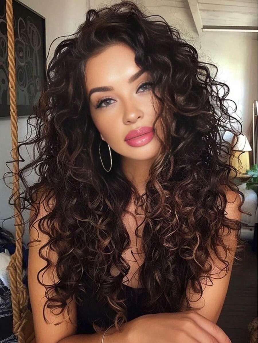 Long Brown Curly Wigs With Bangs Synthetic Wigs For Women, 24inch Chocolate Brown Curly Wavy Wig With Wispy Bangs Shaggy Curly Hair With Fringe Daily Party Use Cosplay Wigs(4#) - 棕色 - 查看 1