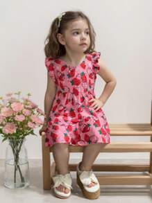 1pc Young Girl Countryside Strawberry Print Cap Sleeve Dress, Spring/Summer