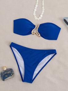 Women's Sexy Strapless Bikini Set With Golden Clips Decor, Two-Piece Swimsuit For Party & Beach - Sapphire - View 1