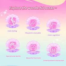 这款美人鱼娃娃拥有色彩缤纷的梦幻发型和头饰，配有海星形紧身胸衣和柔软的粉色美人鱼尾巴，适合作为3-8岁女孩的生日礼物。