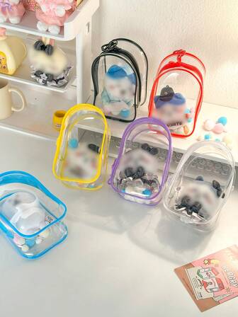 Sac de rangement PVC transparent chic monstre, boîtier de protection transparent anti-poussière pour figurines debout/assises, organisateur PVC portable et imperméable avec porte-clés pour poupées comme Labubu, câbles et écouteurs, idéal pour les cadeaux de la Saint-Valentin/Noël (poupée non incluse), pour Labubu