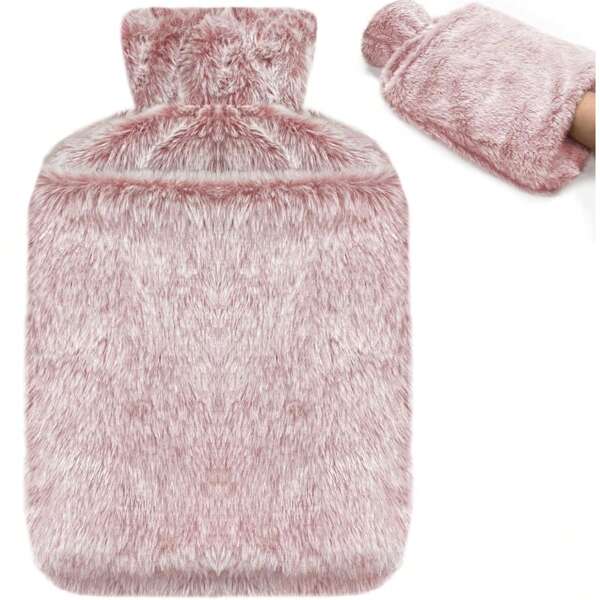 1 pieza Bolsa de agua caliente con funda de felpa sintética de lujo y confort, Botella de agua caliente a prueba de fugas de 2L para calentar el cuello, los hombros y las manos y los pies (Rosa y Gris)