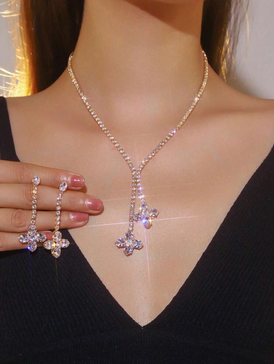 3pcs Sparkling Flower Cubic Zirconia Pendant Jewelry Set, Glamorous Party Evening Dress Accessories For Women