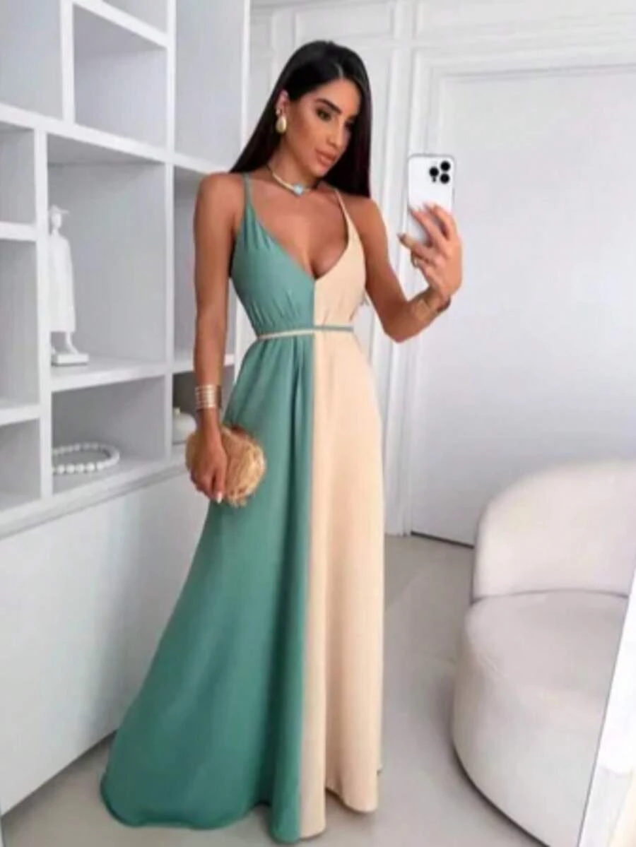 Women's Long Dress, Classic And Sophisticated - 裸綠 - 查看 1