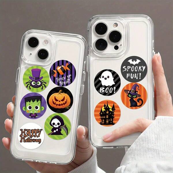 4 rollen Halloween-stickers Spin Spook Vleermuis Pompoen Heks En Andere Patronen Gladde Ronde Stickers DIY Geschikt Voor Mobiele Telefoonhoes Skateboard Waterfles Cadeau Computer Gitarist Account Envelop Halloween-decoratie Fijne Halloween