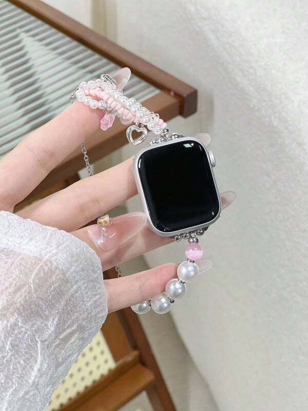 1Pc Fashionable Smart Strap, INS Style Pearl Metal Chain,Compatible With Apple Ladies' Strap, Compatible With Apple Watch 38/40/41/42/44/45/46/49mm, Compatible With Apple Watch Series Ultra/SE/10/9/8/7/6/5/4/3/2/1, Easy To Adjust Strap Length, Suitable For Giving To Friends And Girlfriends