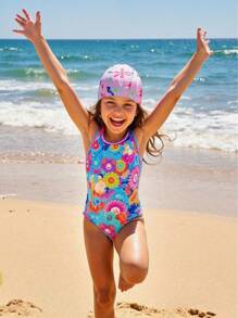 1 PC Pink Comfortable Cartoon Printing Pattern Elastic Teenagers Swimming Cap Comfortable Non-Tightening Cloth Cap Long Hair Ear Protection Hat Swimming Pool Swimming Cap