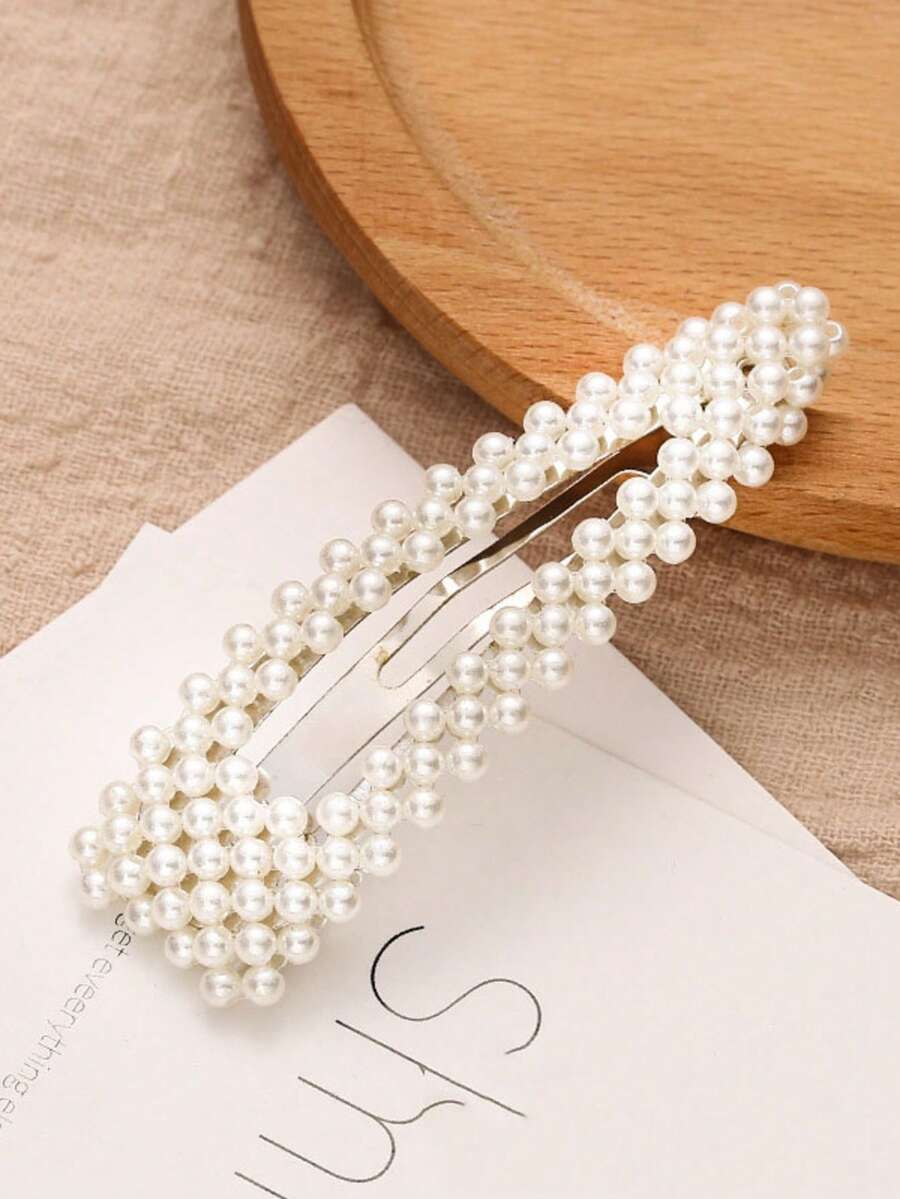 2件套三角形仿珍珠装饰休闲时尚百搭简约发夹，爪夹，发爪，发夹，发卡，发夹，发饰，头部饰品，女士发饰，发卡，夏季，假日，旅行 - 2pcs銀色珍珠髮夾 - 查看 1