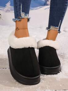 女士冬季拖鞋、厚底雪地靴、加厚平底靴、保暖鞋、户外防滑靴、Uggs 仿品、女士冬靴、女士冬季毛茸茸雪地靴毛茸茸圆头绒面短靴平跟一脚蹬户外室内鞋时尚保暖毛茸茸鞋， - 黑色 - 查看 5