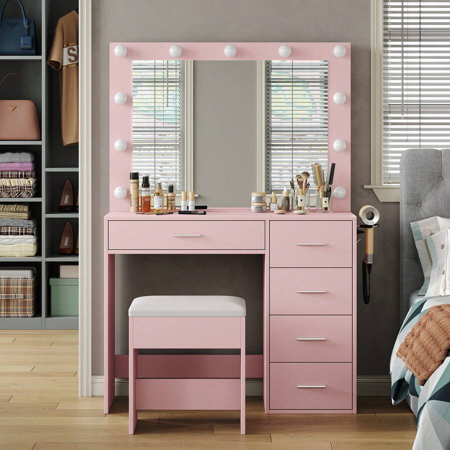 FUSOU Makeup Vanity Desk With Power Outlet, 37'' W Vanity With Mirror And 11 LED Lights, 3 Adjustable Lighting Modes, 5-Drawer Dressing Table For Bedroom Or Dressing Room - Pink - View 1