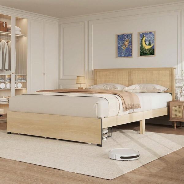 Full Bed Frame With Rattan Headboard, Platform Bed Frame, Mid Century Bed Frame With 2 Storage Drawers, Large Under-Bed Space, No Box Spring Needed, Easy Assembly  Rattan Bed Frame Full Size Bed Frame With 2 Drawers, Wooden Platform Bed With Rattan Headboard, Boho Storage Bed Frame, Noise Free, No Box Spring Needed