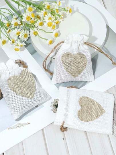 10 piezas - Bolsas de arpillera, bolsa de regalo de lino con cordón y estampado de corazón, bolsa de regalo mini de arpillera con cordón, perfecta para bodas, bolsas de damas de honor, fiestas, cumpleaños, Halloween, Acción de Gracias, suministros para fiestas navideñas