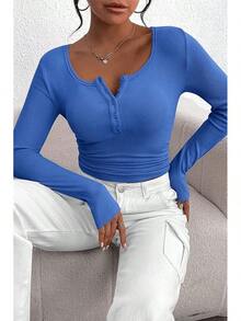Women's 2026 Fall Long Sleeve Henley T Shirts Button Ribbed Knit Slim Fit Basic Tops Blouse Casual Outfits/Vacation Outfits Women/Valentine Outfits For Women - 寶藍色 - 查看 5