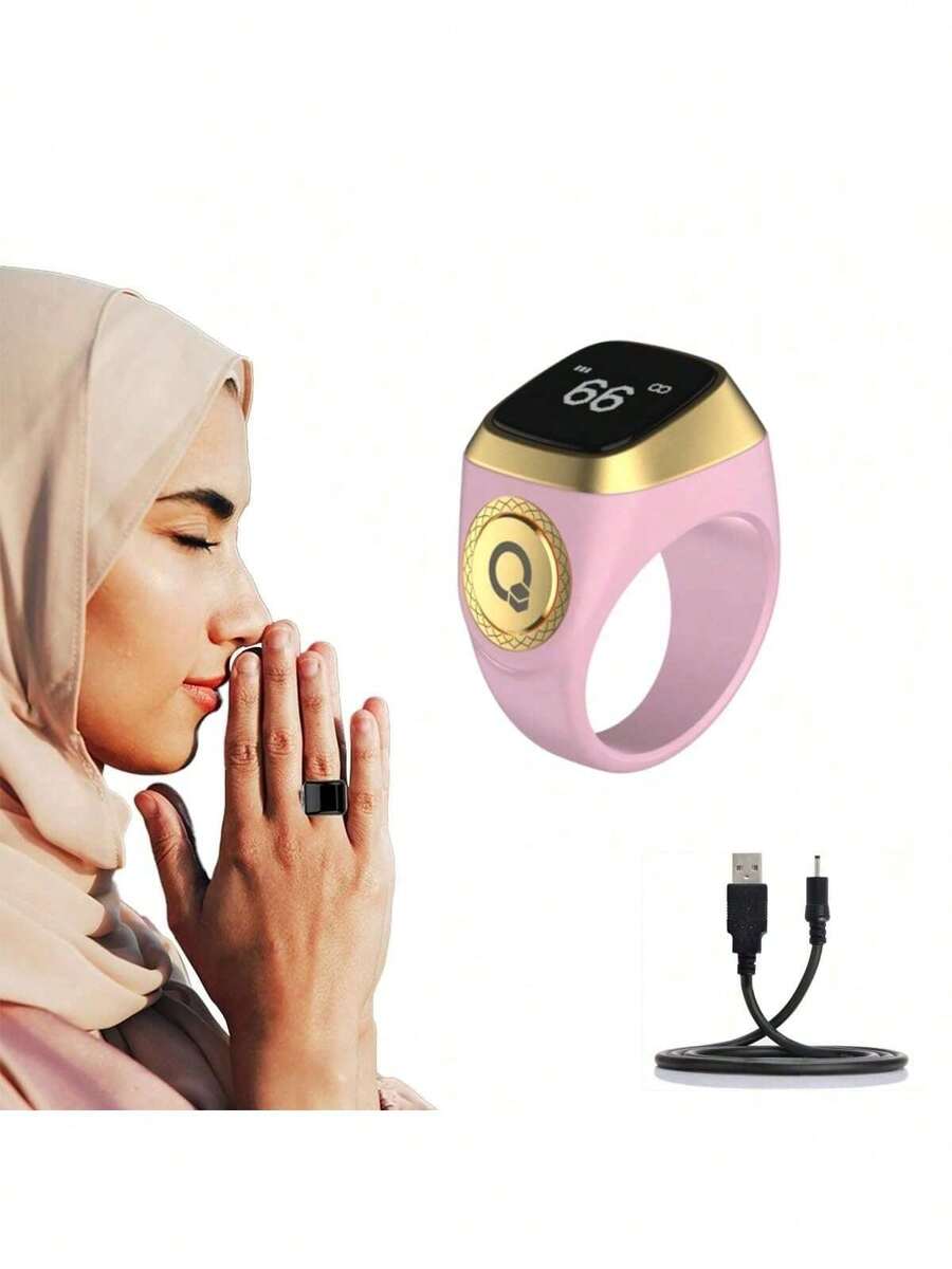 电子 Tasbih 手指计数器，OLED 数字 Tasbeeh 手指计数器穆斯林伊斯兰祈祷智能戒指男女通用 Azan 闹钟手指计数器提醒器祈祷追踪器，5 个祈祷戒指（粉色）